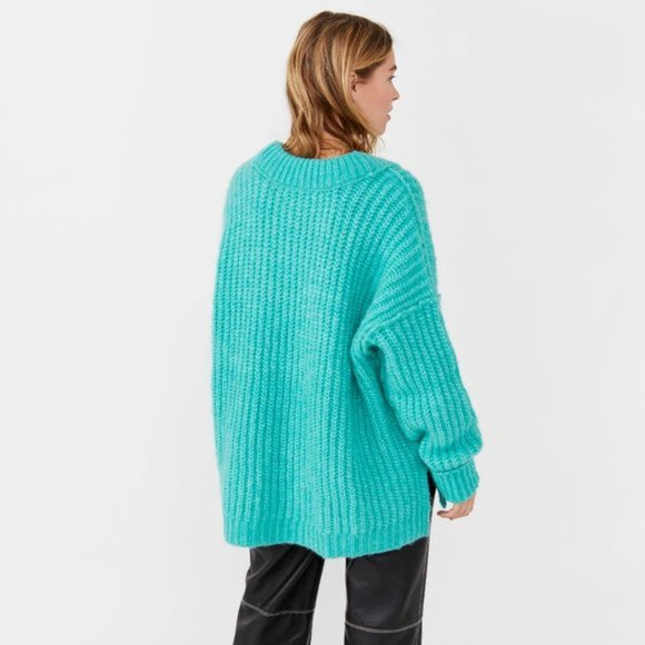NWT Free People teal chunky knit V-neck sweater, XS - Picture 9 of 11